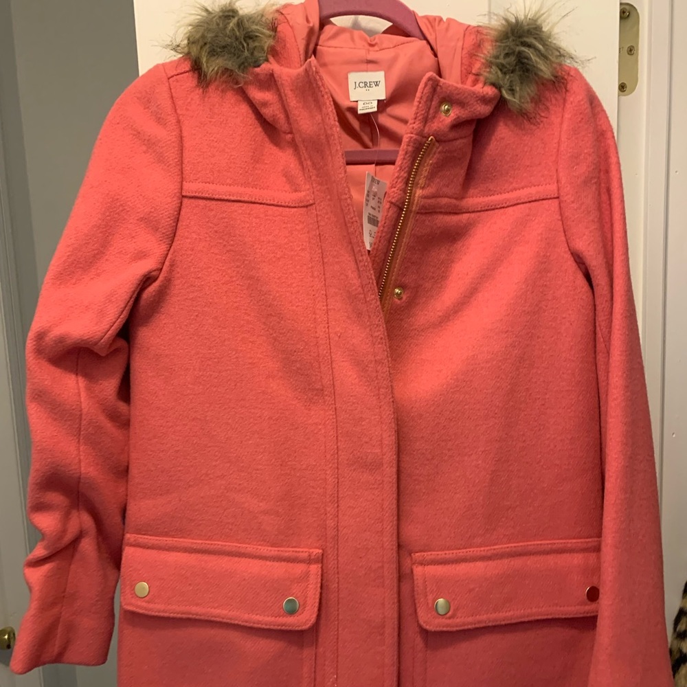 J Crew City Coat with hood, fur lining.